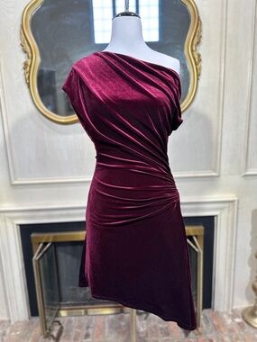 Premier Amour Dress 8 Burgundy Velvet One Shoulder Ruched Stretch Glamour